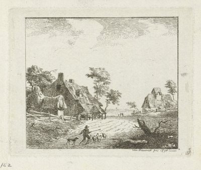 Landschap met herder en schapen bij twee boerderijen door Jan Izaak van Mansvelt