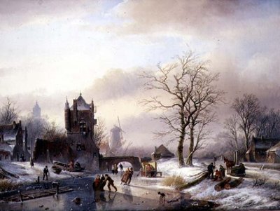 Schaatsers op een bevroren rivier door Jan Jacob Spohler