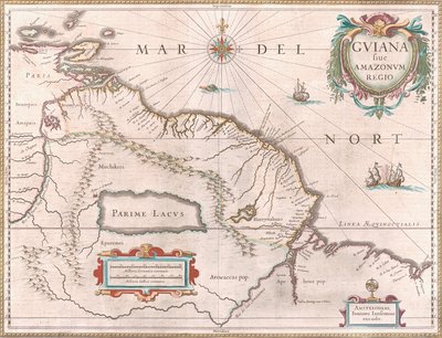 Kaart circa 1649 van de Guiana regio. Gebied geclaimd door Spanje in rood naar het westen, Nederlands Guiana in geel en Portugees gebied in rood naar het zuidoosten. Het mythische meer Parime is ook zichtbaar door Jan Janssonius