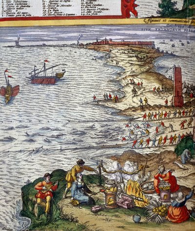 Visscène en visbereiding in de havenstad Cadiz door Jan Janssonius