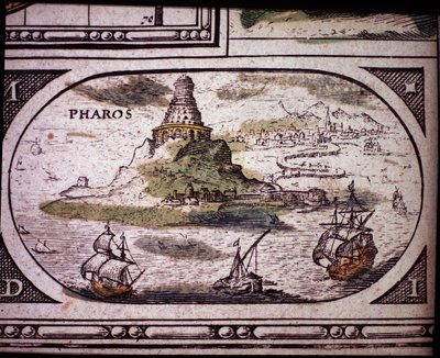 Voorstelling van de Zeven Wereldwonderen: de vuurtoren van Alexandrië. in de Atlas van Jansson Jannsonius gedrukt in Amsterdam in 1630 door Jan Janssonius