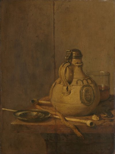 Stilleven met steengoedkruik en pijpen door Jan Jansz. Treck
