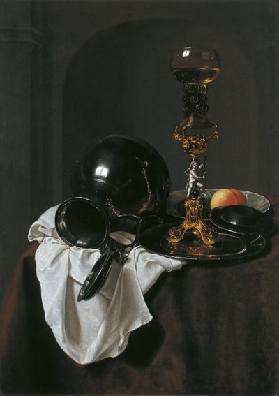 Stilleven met glas wijn en tinnen kruik door Jan Jansz. Treck
