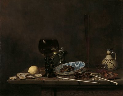 Stilleven met Roemer, fluitglas, aardewerken kruik en pijpen door Jan Jansz. van de Velde (III)