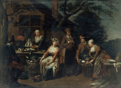 Een groep boeren, groenten en fruit door Jan Josef the Elder Horemans