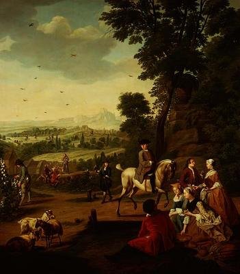 Een elegante valkenierspartij rustend in een park door Jan Josef the Younger Horemans
