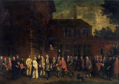 De leden van het schermersgilde verwelkomen de abt van Sint-Michiels door Jan Josef the Younger Horemans