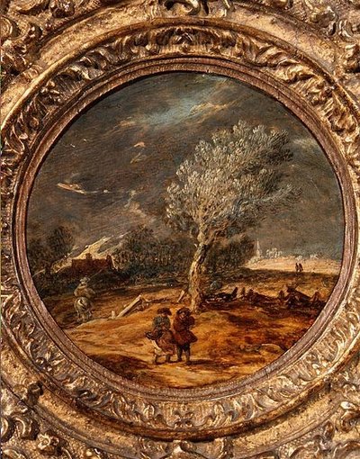 Figuren die een heide oversteken met een stevige wind door Jan Josefsz. van (circle of) Goyen