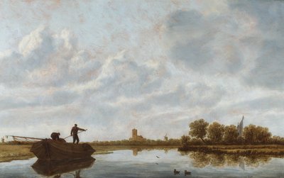 Mannen op een schuit in een rivierlandschap met een kerk in de verte (olieverf op paneel) door Jan Josefsz. van (circle of) Goyen