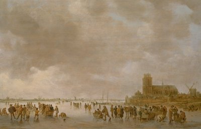 Een winterlandschap met schaatsende figuren op het ijs door Jan Josephsz van Goyen