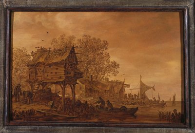 Een Dorp aan een Rivieroever met Boeren in een Boot bij een Duiventil, 1651 door Jan Josephsz van Goyen