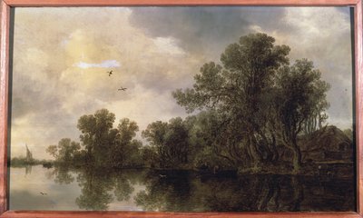 Een bebost rivierlandschap, met boeren in een roeiboot bij een huisje en een veerboot, een zeilboot in de verte, 1633 door Jan Josephsz van Goyen