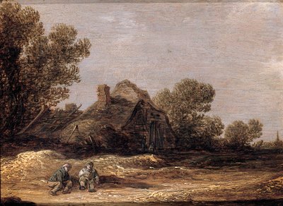 Boeren rustend op een pad bij een boerderij - een fragment door Jan Josephsz van Goyen
