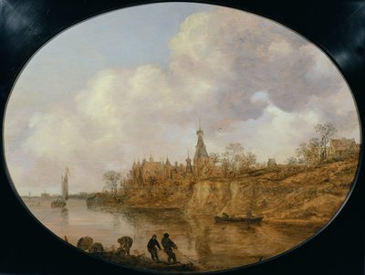 Drie vissers die een net en manden aan de oever van een rivier trekken met een kasteel en dorp in de verte door Jan Josephsz van Goyen