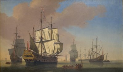 Engelse oorlogsschepen in een ankerplaats bij kalm weer door Jan Karel Donatus van Beecq