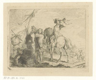 Landschap met reizigers en ruiters door Jan Karel Jacob de Jonge