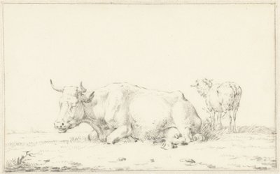 Liggende koe naar links en rechts een schaap door Jan Kobell (II)
