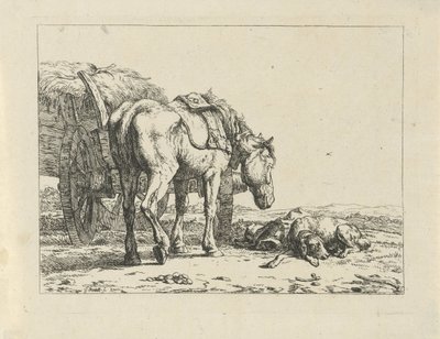 Paard en hond bij een hooiwagen door Jan Kobell (II)