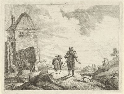 Twee boeren met een hond op een landweg door Jan Lauwryn Krafft (I) (possibly)