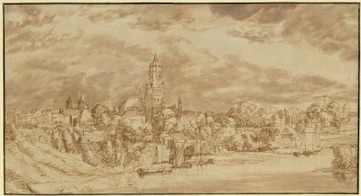 Gezicht op een stad aan de overzijde van een rivier door Jan Lievens
