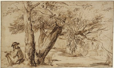 Landschap met een tekenaar aan de rand van het bos door Jan Lievens