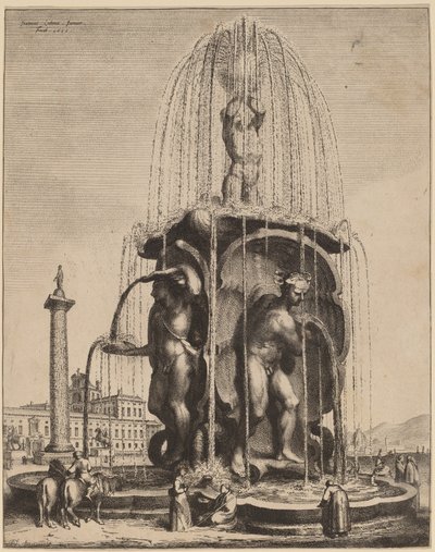 De fontein en de zuil van Trajanus in Rome door Jan Lutma II