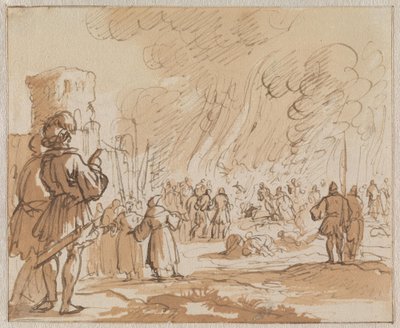 180 Katharen of Albigenzers worden verbrand buiten Minerve in 1210 door Jan Luyken