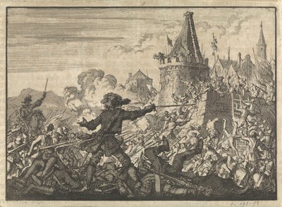Afgeslagen bestorming van de muren van Livron, door de Hugenoten verdedigd, 1574 door Jan Luyken