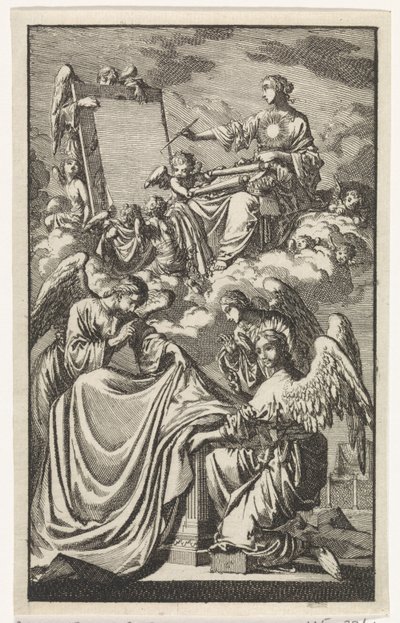 Allegorische vrouwenfiguur beschrijft in de wolken een paneel door Jan Luyken