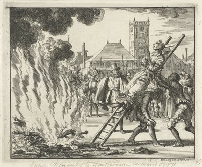 Anneken Hendriks, gebonden op een ladder, verbrand in Amsterdam, 1571, 1685 door Jan Luyken