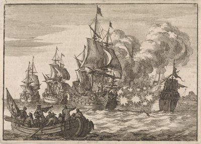 Bij Valencia wordt de Spaanse admiraal Papachino door drie Franse schepen onder admiraal Tourville aangevallen omdat hij niet snel genoeg salueerde, 1688 door Jan Luyken