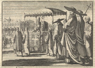 Christiaan IV, koning van Denemarken, als paus verkleed, bootst met zijn hovelingen een processie na, 1596 door Jan Luyken