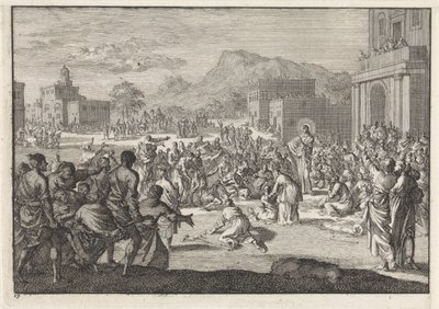 Christus spreekt tot een menigte op een plein door Jan Luyken