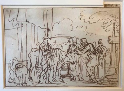 De stier wordt gepresenteerd voor de zondeoffering, Aäron en zijn zonen leggen hun handen op zijn kop (Lev. 8,14) door Jan Luyken