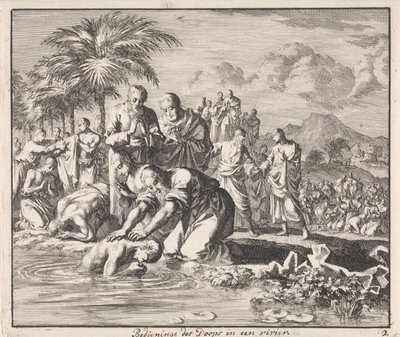 Doop van nieuwe gelovigen in een rivier door Jan Luyken
