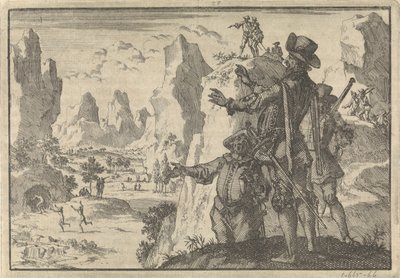 Gewapende Spanjaarden kijken vanaf rotsen neer op geheel wild levende mensen, ca. 1600 door Jan Luyken