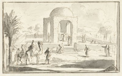 Gezicht op een moskee of tempel in de woestijn door Jan Luyken