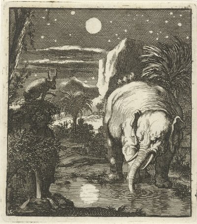 Haas en olifant met volle maan bij een waterbron door Jan Luyken