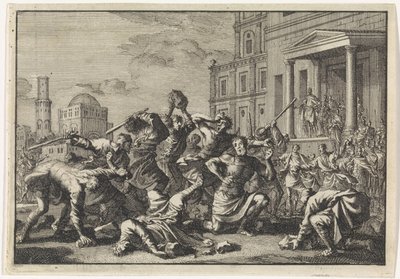Herodes laat zijn barbier Tryfon, Tyro en diens zoon op verdenking van verraad stenigen door Jan Luyken