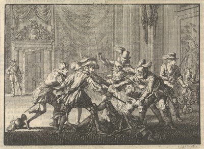 Hertog van Guise in het kasteel te Blois vermoord, 1588 door Jan Luyken