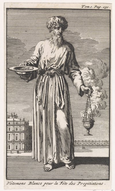 Hogepriester in witte liturgische kleding behorend bij de Grote Verzoendag door Jan Luyken