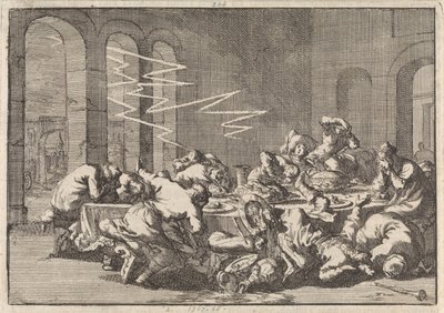 In het Poolse dorp Perzyn vinden 23 mensen de dood door een blikseminslag tijdens een doopmaal, 1676 door Jan Luyken
