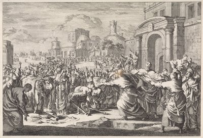 Inwoners van Lystra willen runderen aan de twee apostelen offeren door Jan Luyken