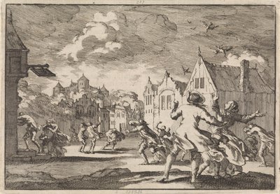 Inwoners van een dorp bij het slot Luchow in Lüneburg worden overvallen door een wervelwind waarbij de vogels dood uit de lucht vallen, 1671 door Jan Luyken