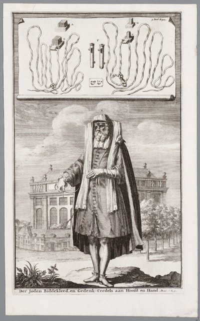 Joodse man, gekleed voor gebed. Op de achtergrond de Portugese Synagoge van Amsterdam door Jan Luyken