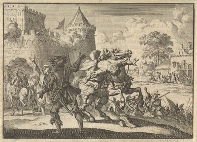 Keizerlijk bevelhebber Dampier valt van zijn paard na een schot vanaf de muren van Presburg (Bratislava), 1620 door Jan Luyken
