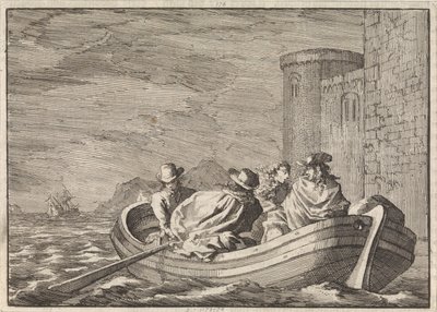 Koning Jacobus II ontvlucht bij nacht in een roeiboot, 1688 door Jan Luyken