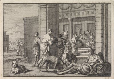 Lazarus bedelt aan de feestdis van de rijke man door Jan Luyken
