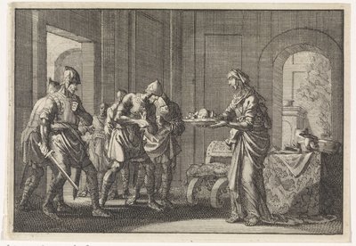 Moeder toont krijgers de resten van haar opgegeten kind tijdens de hongersnood in Jeruzalem, 1704 door Jan Luyken