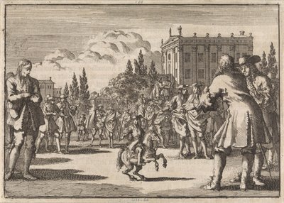 Op een plein te Madrid heeft zich een menigte verzameld rondom Louisillo, de dwerg van de koning van Spanje, 1675 door Jan Luyken